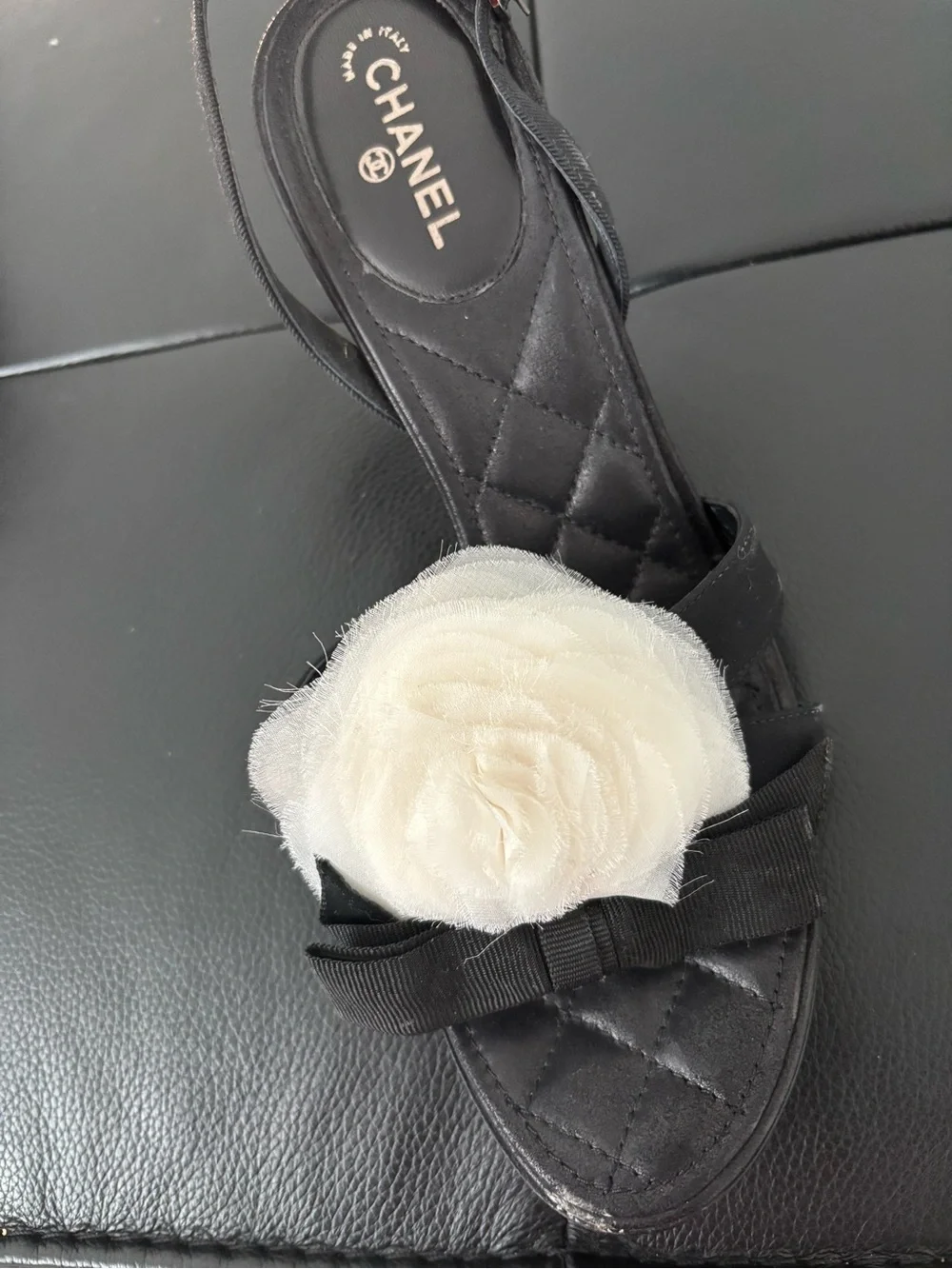 CHANEL Black Slingback Sandal with Cream Camellia